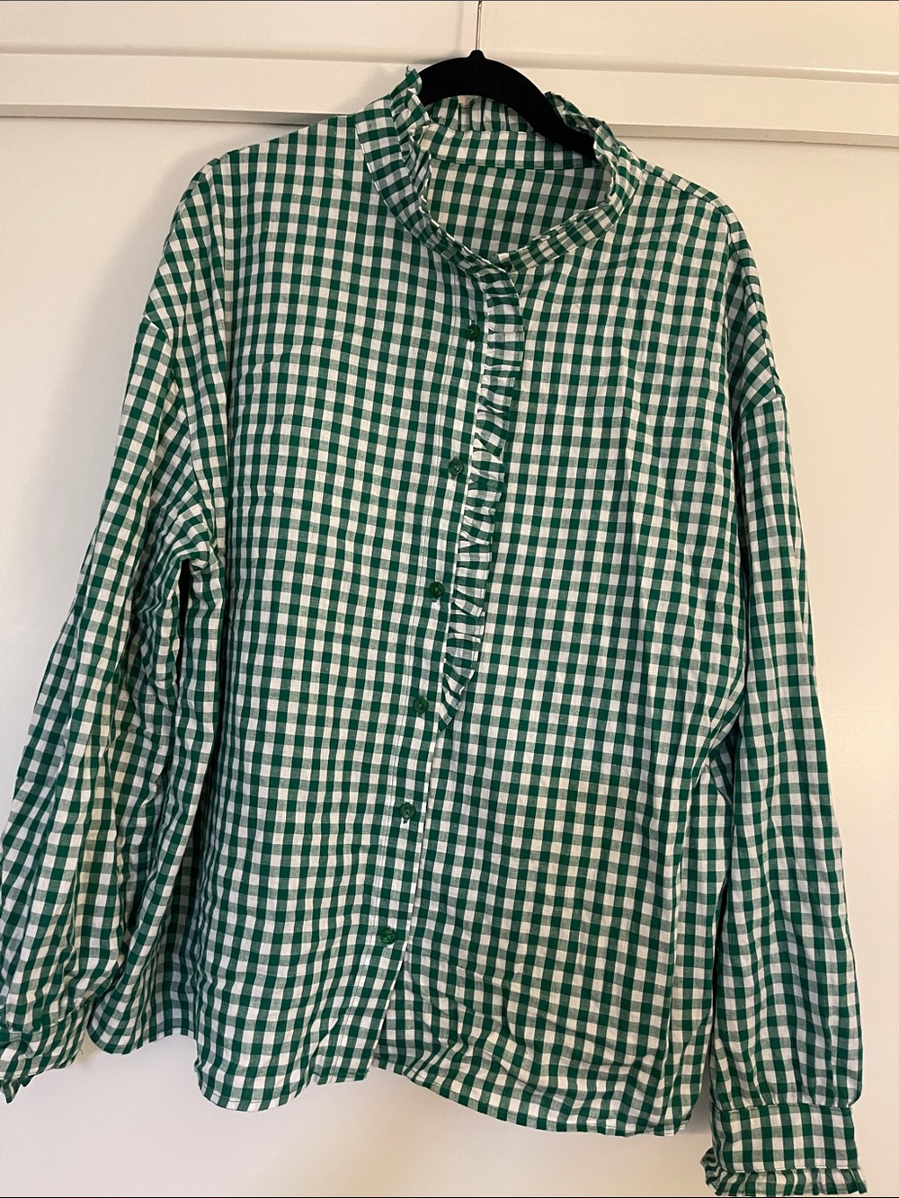 Women’s  Green Gingham Ruffle-Trim Button Shirt